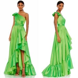 Mac Duggal Lime Green One-Shoulder Ruffle Satin Maxi Dress